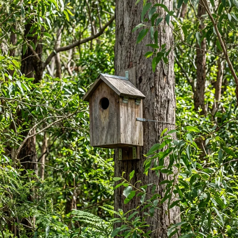 Animal nesting box installed as a humane alternative to a Burnside roof cavity