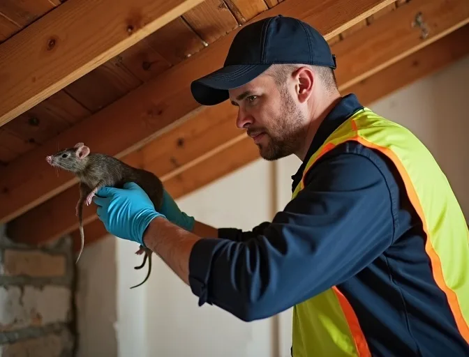 Technician inspecting a roof cavity for a dead rat in Burnside